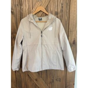 New Balance Womens Hooded Windbreaker Jacket Tan Beige Full Zip Mesh Lined L